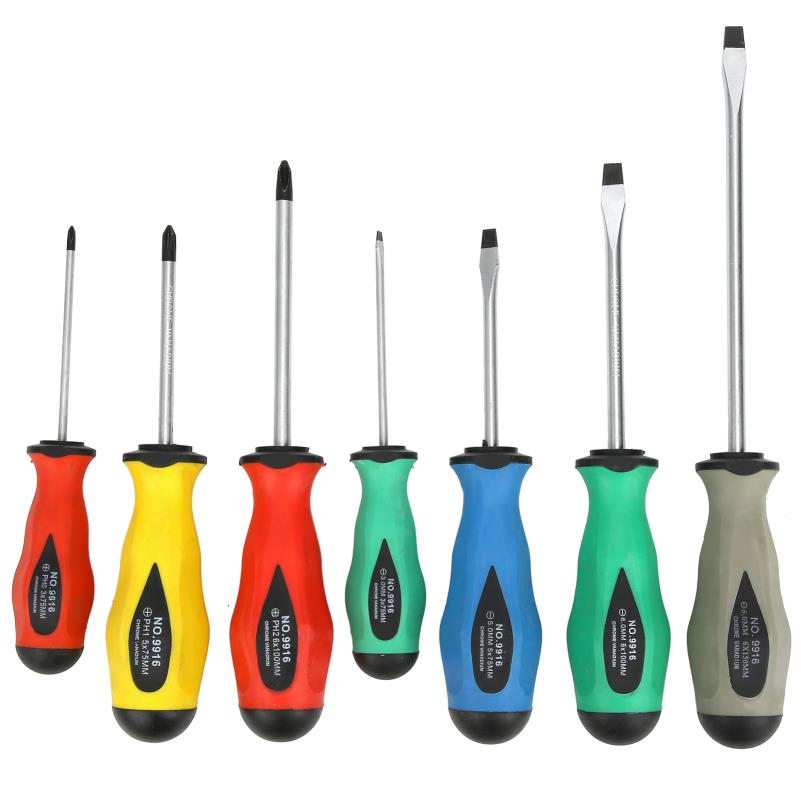 7pcs Heavy-Duty Alloy Steel Screwdriver Set with Ergonomic Non-Slip Grip & Color-Coded Bits - Cordless Manual Hand Tools for Home Repair, DIY Projects, Electronics, Furniture Assembly - Durable Cross Slot Design, No Batteries/Electricity Required (Ideal