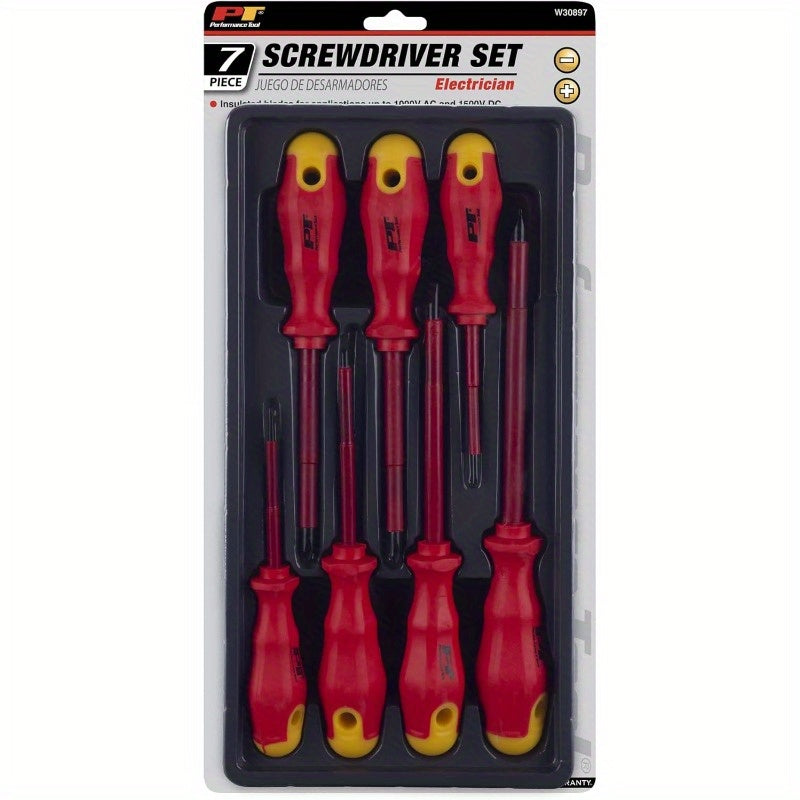 7pcs Performance Tool W30897 Electrical Screwdriver Set with Ergonomic Non-Slip Grip & Color-Coded Tips - Heavy-Duty Manual Precision Screwdrivers for Electronics, Home Repairs, DIY Projects - All-in-One Kit with Flathead, Phillips & Slotted Bits (No