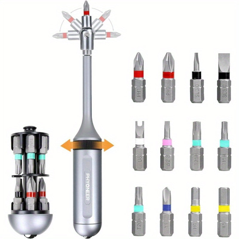13-in-1 Ratcheting Screwdriver Set with 12 S2 Steel Driver Bits, Magnetic Storage & Converter - Heavy-Duty Aerospace Aluminum Handle, Ratcheting Mechanism for Smooth Torque Transfer - Cordless Operation, Ergonomic Grip for Household & Automotive Use -