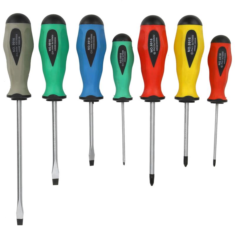 7pcs Heavy-Duty Alloy Steel Screwdriver Set with Ergonomic Non-Slip Grip & Color-Coded Bits - Cordless Manual Hand Tools for Home Repair, DIY Projects, Electronics, Furniture Assembly - Durable Cross Slot Design, No Batteries/Electricity Required (Ideal