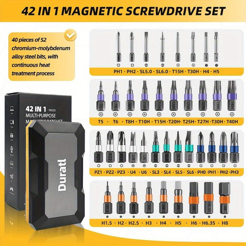 42-in-1 Magnetic Screwdriver Set with 40pcs Magnetic Bits & Ratchet Mechanism - Heavy-Duty All-in-One Tool Kit with Detachable Ratchet Handle, Ergonomic Grip, Compact & Portable Case for Home, Furniture, Electronics, Computer Repair - Ideal for DIY,