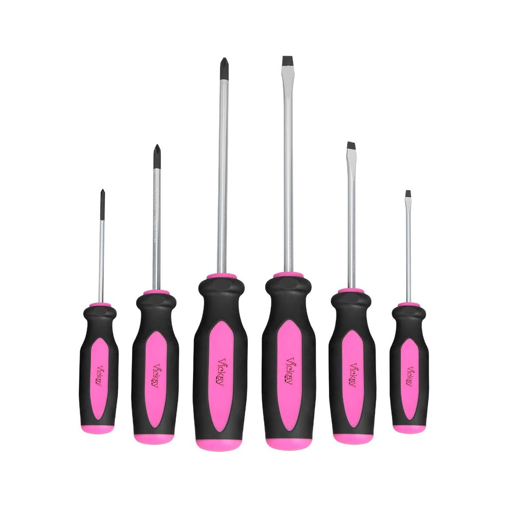 6pcs Magnetic Screwdriver Set with Slotted & Phillips Heads, Heavy Duty Rust-Resistant Metal/Plastic Construction, Permanent Magnetic Tips & Ergonomic Non-Slip Handle - Pink & Black Color-Coded DIY Tool Kit for Home Repair, Craftsman, Electronics,