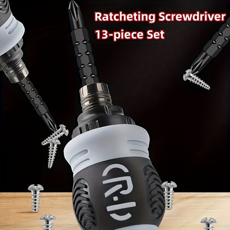 1 Set 12-in-1 Ratcheting Screwdriver with Storage Case, Magnetic Dual-Purpose Bits, Telescopic Handle, Metal Manual Tool, No Electricity or Battery Required