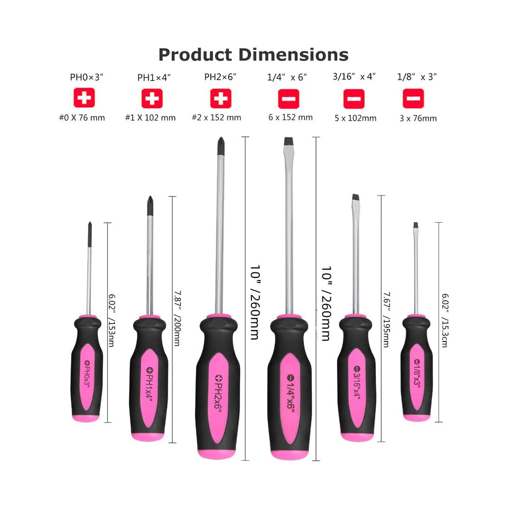 6pcs Magnetic Screwdriver Set with Slotted & Phillips Heads, Heavy Duty Rust-Resistant Metal/Plastic Construction, Permanent Magnetic Tips & Ergonomic Non-Slip Handle - Pink & Black Color-Coded DIY Tool Kit for Home Repair, Craftsman, Electronics,