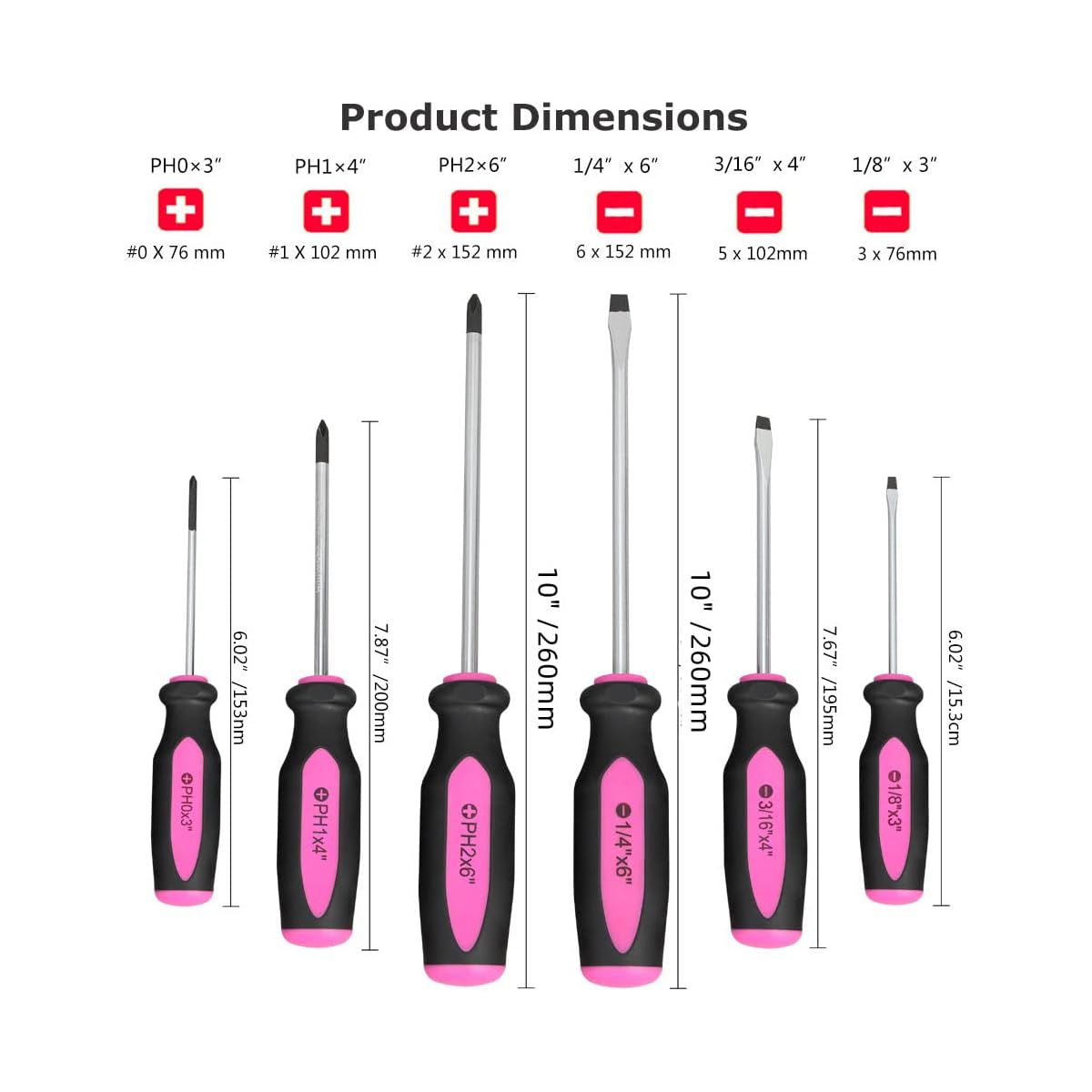 6pcs Magnetic Screwdriver Set with Slotted & Phillips Heads, Heavy Duty Rust-Resistant Metal/Plastic Construction, Permanent Magnetic Tips & Ergonomic Non-Slip Handle - Pink & Black Color-Coded DIY Tool Kit for Home Repair, Craftsman, Electronics,