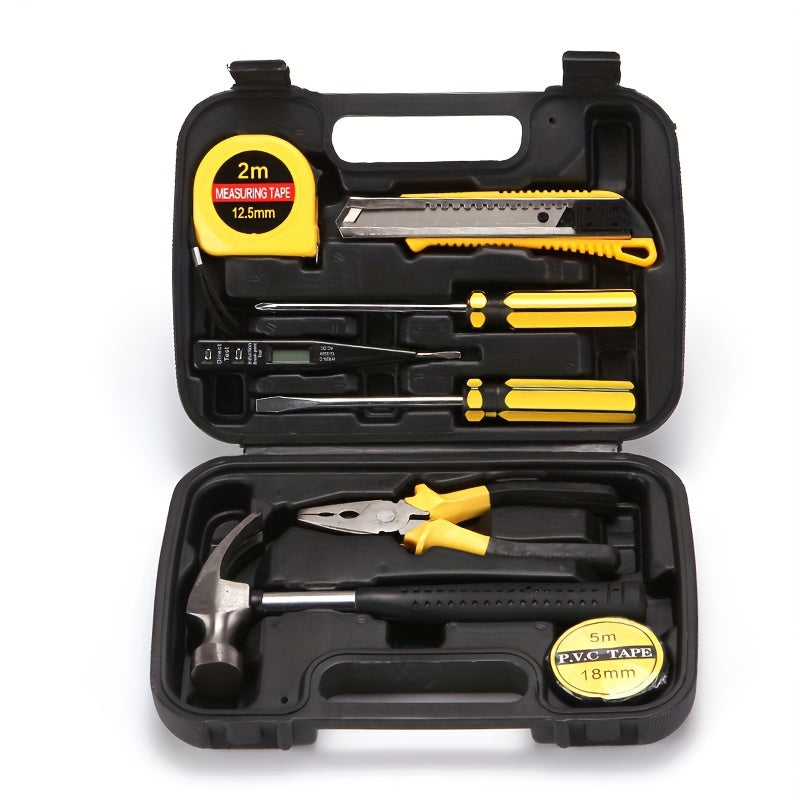 9pcs Durable Metal Household Tool Set, Non-Electric Hand Tools in Carrying Case with Hammer, Pliers, Screwdrivers, Measuring Tape for DIY Projects and Home Maintenance