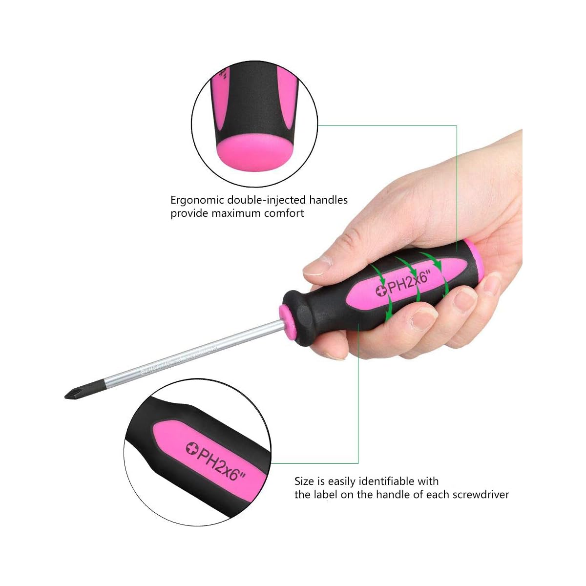 6pcs Magnetic Screwdriver Set with Slotted & Phillips Heads, Heavy Duty Rust-Resistant Metal/Plastic Construction, Permanent Magnetic Tips & Ergonomic Non-Slip Handle - Pink & Black Color-Coded DIY Tool Kit for Home Repair, Craftsman, Electronics,