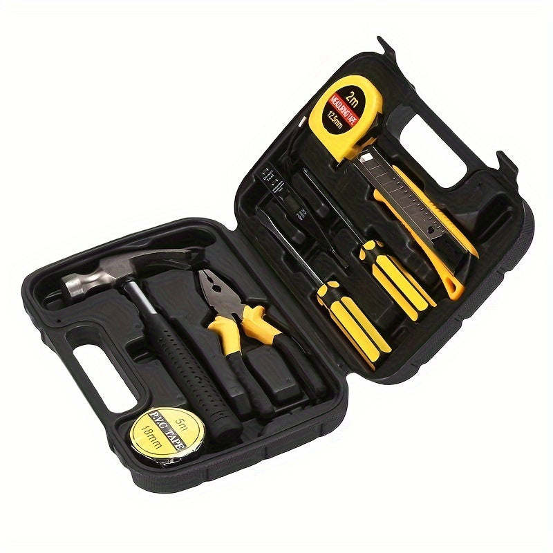 9pcs Durable Metal Household Tool Set, Non-Electric Hand Tools in Carrying Case with Hammer, Pliers, Screwdrivers, Measuring Tape for DIY Projects and Home Maintenance
