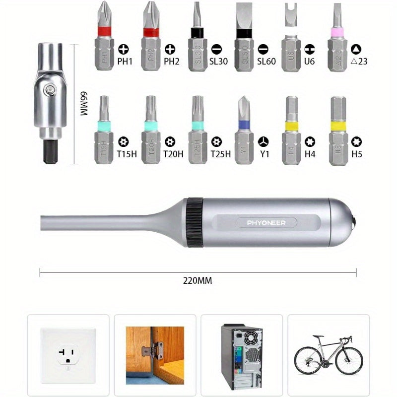 13-in-1 Ratcheting Screwdriver Set with 12 S2 Steel Driver Bits, Magnetic Storage & Converter - Heavy-Duty Aerospace Aluminum Handle, Ratcheting Mechanism for Smooth Torque Transfer - Cordless Operation, Ergonomic Grip for Household & Automotive Use -