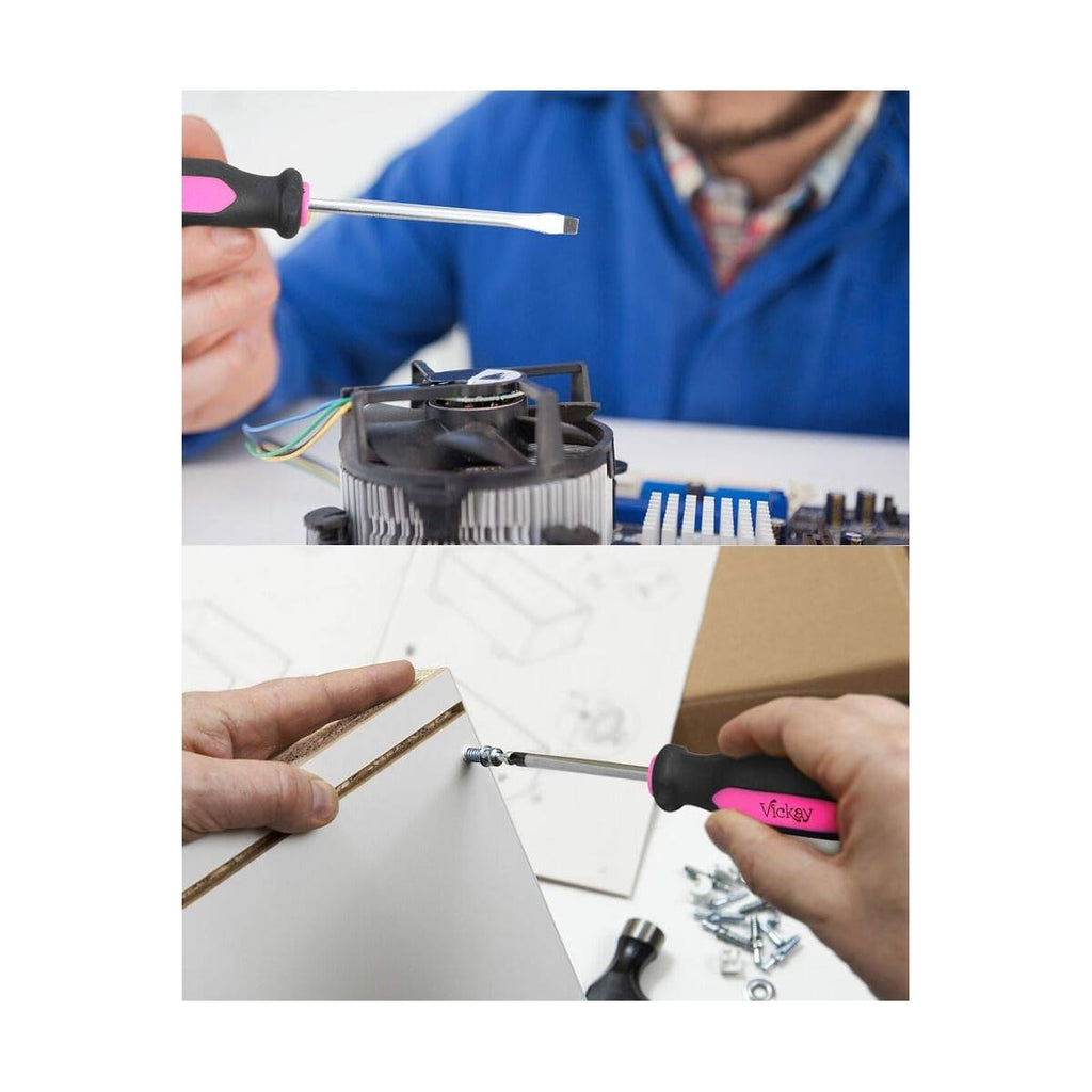 6pcs Magnetic Screwdriver Set with Slotted & Phillips Heads, Heavy Duty Rust-Resistant Metal/Plastic Construction, Permanent Magnetic Tips & Ergonomic Non-Slip Handle - Pink & Black Color-Coded DIY Tool Kit for Home Repair, Craftsman, Electronics,