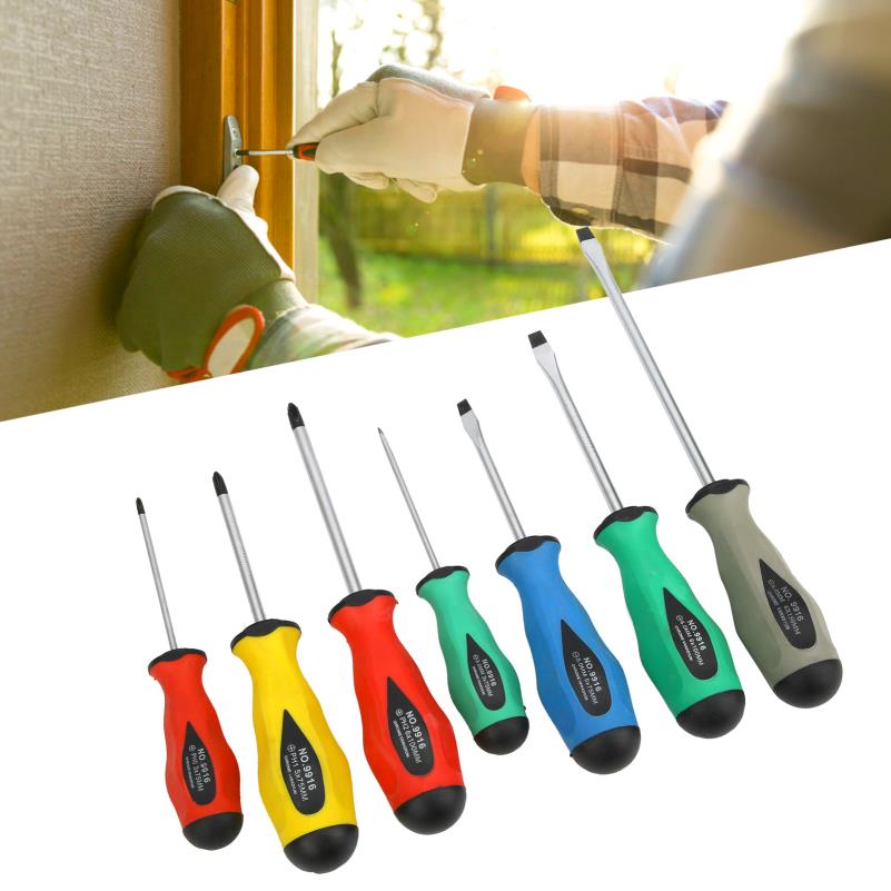 7pcs Heavy-Duty Alloy Steel Screwdriver Set with Ergonomic Non-Slip Grip & Color-Coded Bits - Cordless Manual Hand Tools for Home Repair, DIY Projects, Electronics, Furniture Assembly - Durable Cross Slot Design, No Batteries/Electricity Required (Ideal