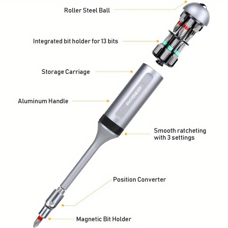 13-in-1 Ratcheting Screwdriver Set with 12 S2 Steel Driver Bits, Magnetic Storage & Converter - Heavy-Duty Aerospace Aluminum Handle, Ratcheting Mechanism for Smooth Torque Transfer - Cordless Operation, Ergonomic Grip for Household & Automotive Use -