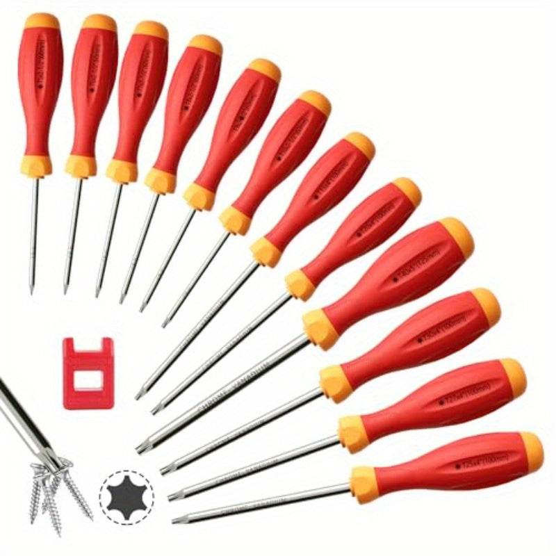 12-in-1 Magnetic Torx Screwdriver Set with T5-T40 & Star Bits - Heavy-Duty CR-V Steel Construction, Ergonomic Non-Slip Handle, Corrosion-Resistant - Professional Cushion Grip, Durable Screwdriver Handles, Manual Precision Tool Kit for DIY, Automotive,