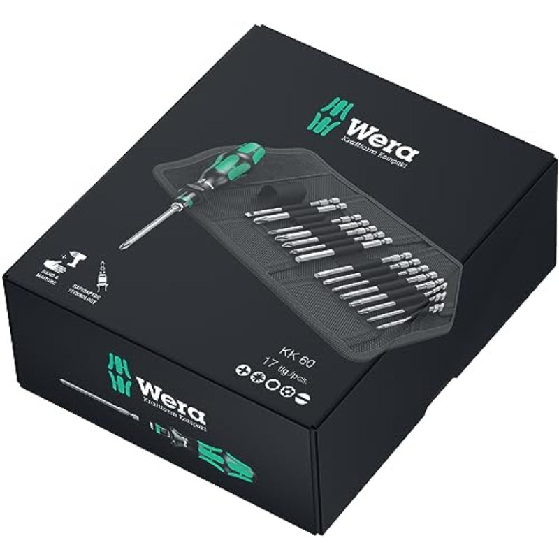 17pcs Wera Kraftform Bit-Holding Screwdriver Set with 60° Angled Bits & 3-1/2" Pouch - Heavy-Duty Magnetic Tip, Ergonomic Non-Slip Grip, Tool-Free Bit Changes, Durable Construction for DIY & Professional Tool Kit (No Power Required) - Ideal for Home